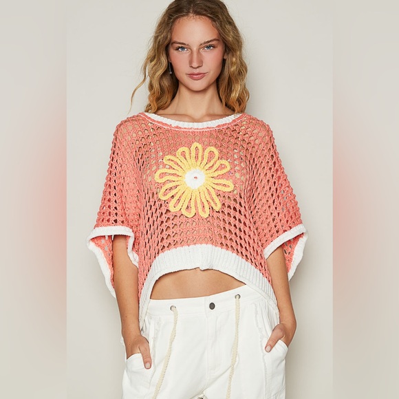 POL Tops - POL Open Knit Crochet Top with Daisy Flower | Coral Ivory Boho Style
